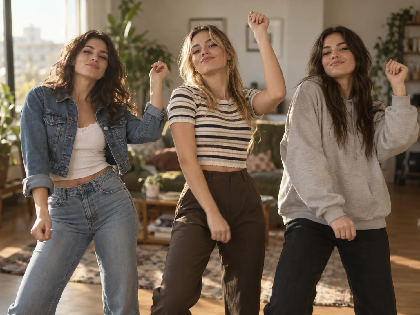 Three young women in their own casual outfits dancing in a line in a sunlit apartment living room, chins up and smirking at the camera
