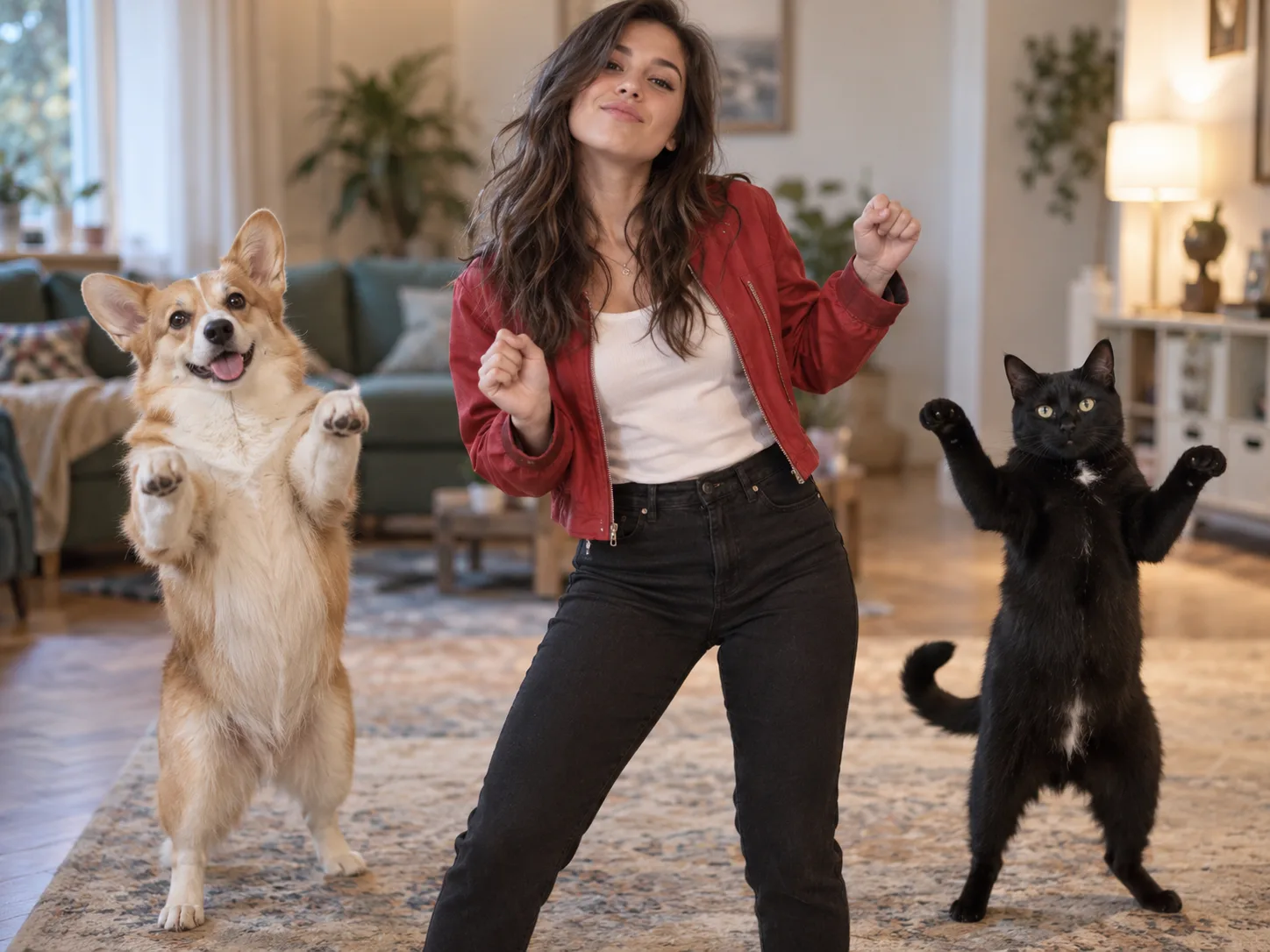 A woman in a red jacket dancing in the centre with a corgi and a black cat standing upright on either side of her
