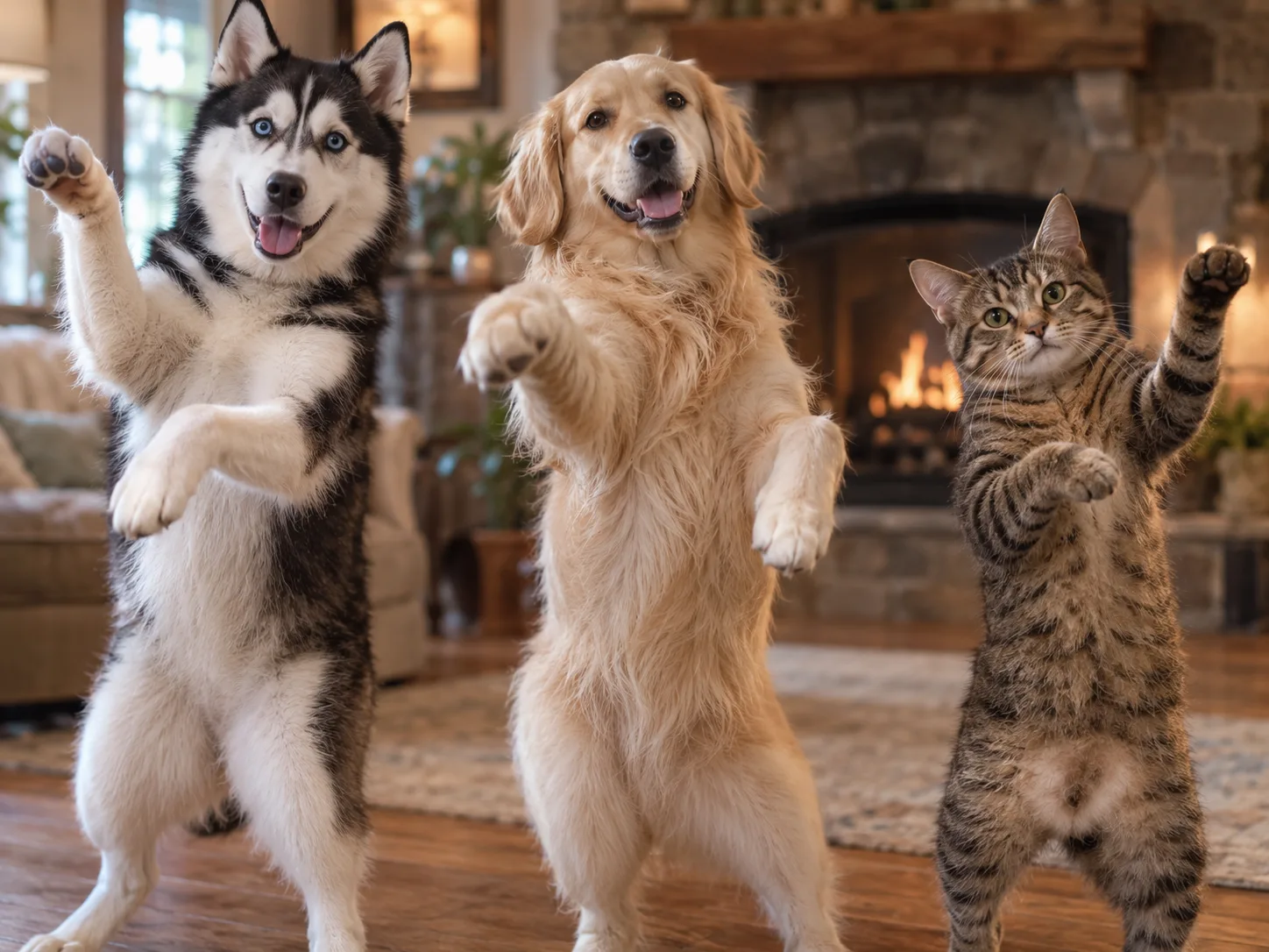A husky, a golden retriever and a tabby cat standing upright on their hind legs side by side in a cosy living room