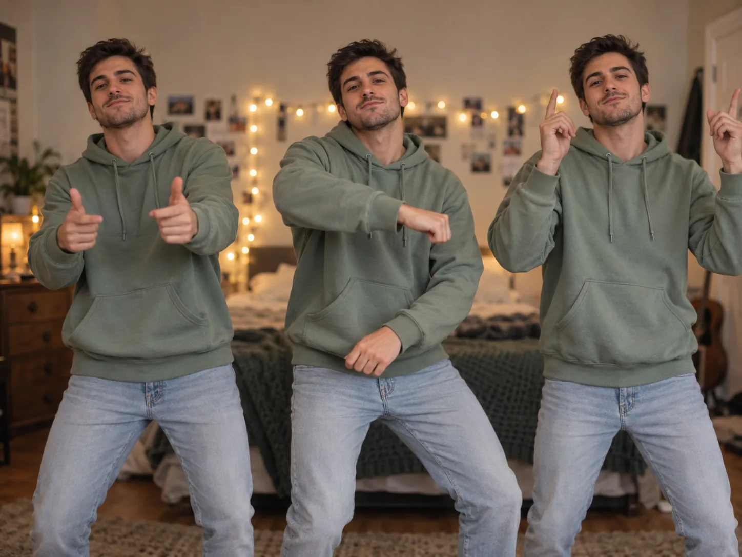The same young man shown three times side by side in a hoodie and jeans, posing as a dance crew in a bedroom