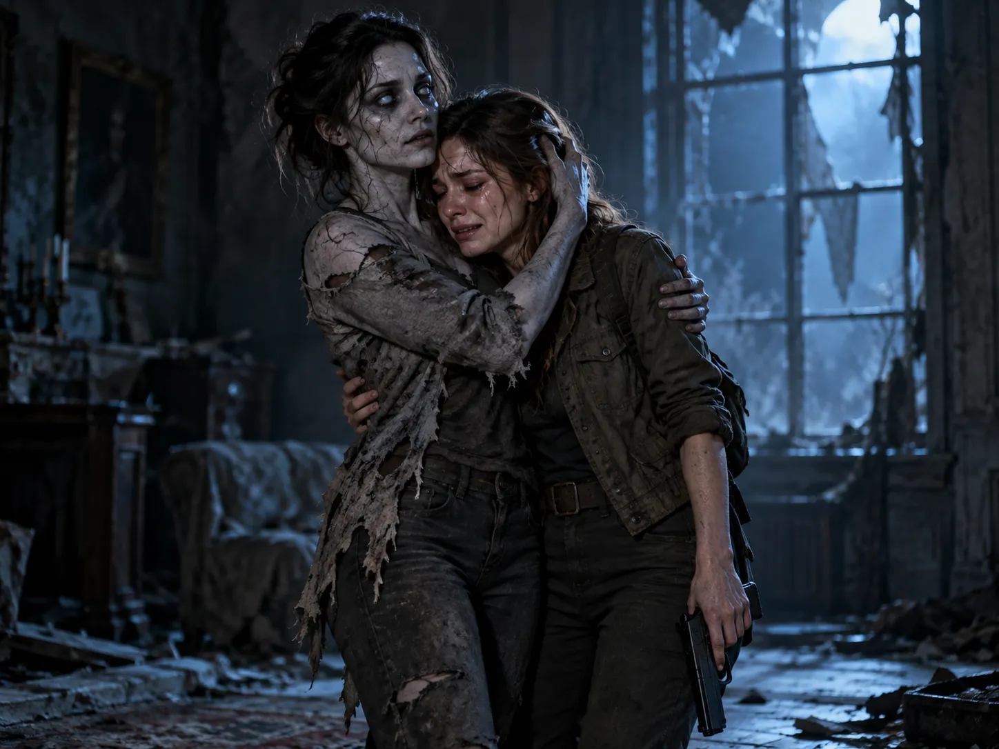 Two women best friends hugging in a ruined room, one turned into a zombie, from the zombie AI trend