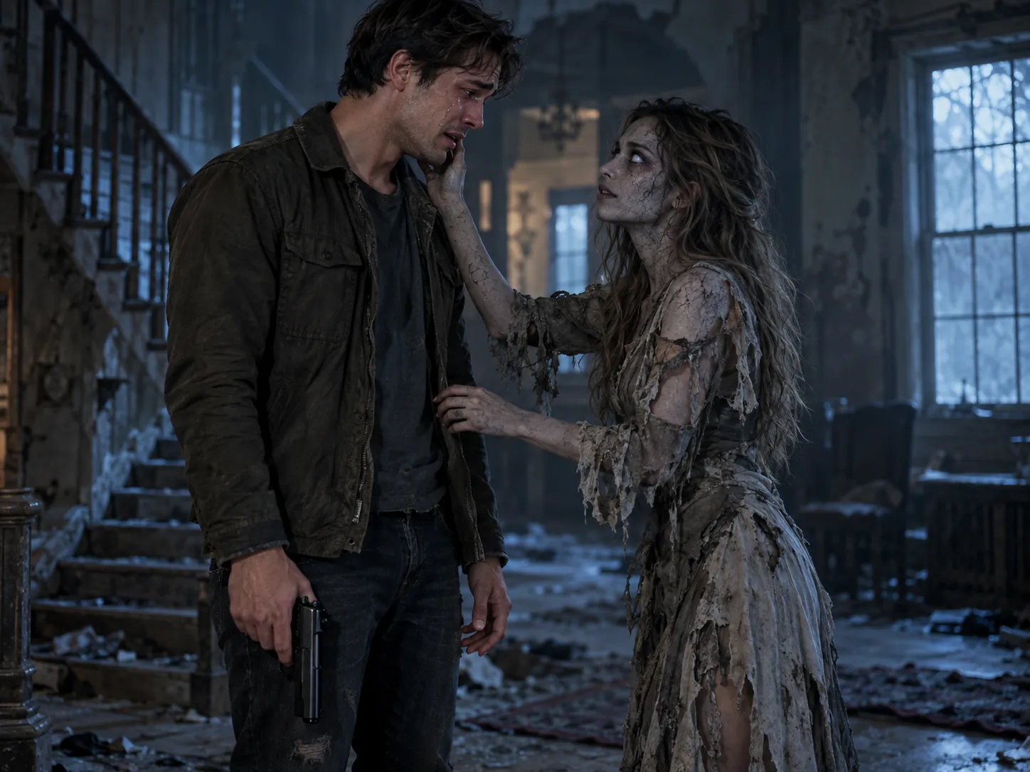 A man lowering a pistol in tears as his girlfriend with grey zombie skin steps toward him, a zombie love story AI video