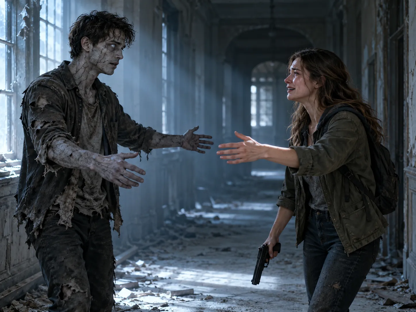 A sister lowering a gun and opening her arms to her brother, who has turned into a zombie, a sibling take on the zombie AI trend