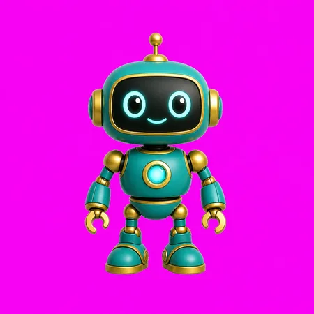 Teal and gold toy robot on a magenta background
