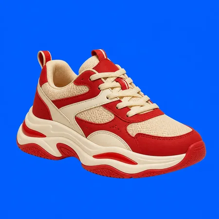 Red and cream sneaker on a vivid blue background