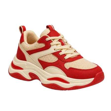 Red and cream sneaker with its blue background removed