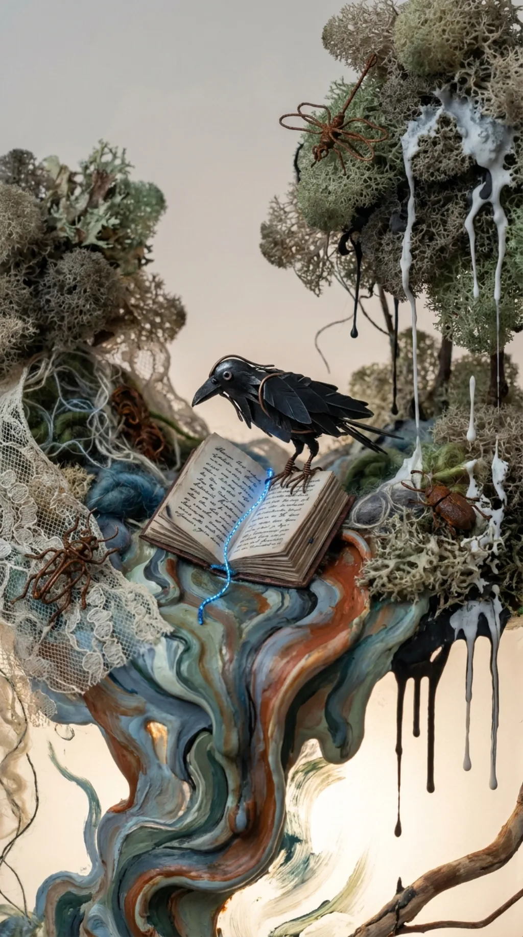 Surreal mixed-media crow illustration - Flowlio AI