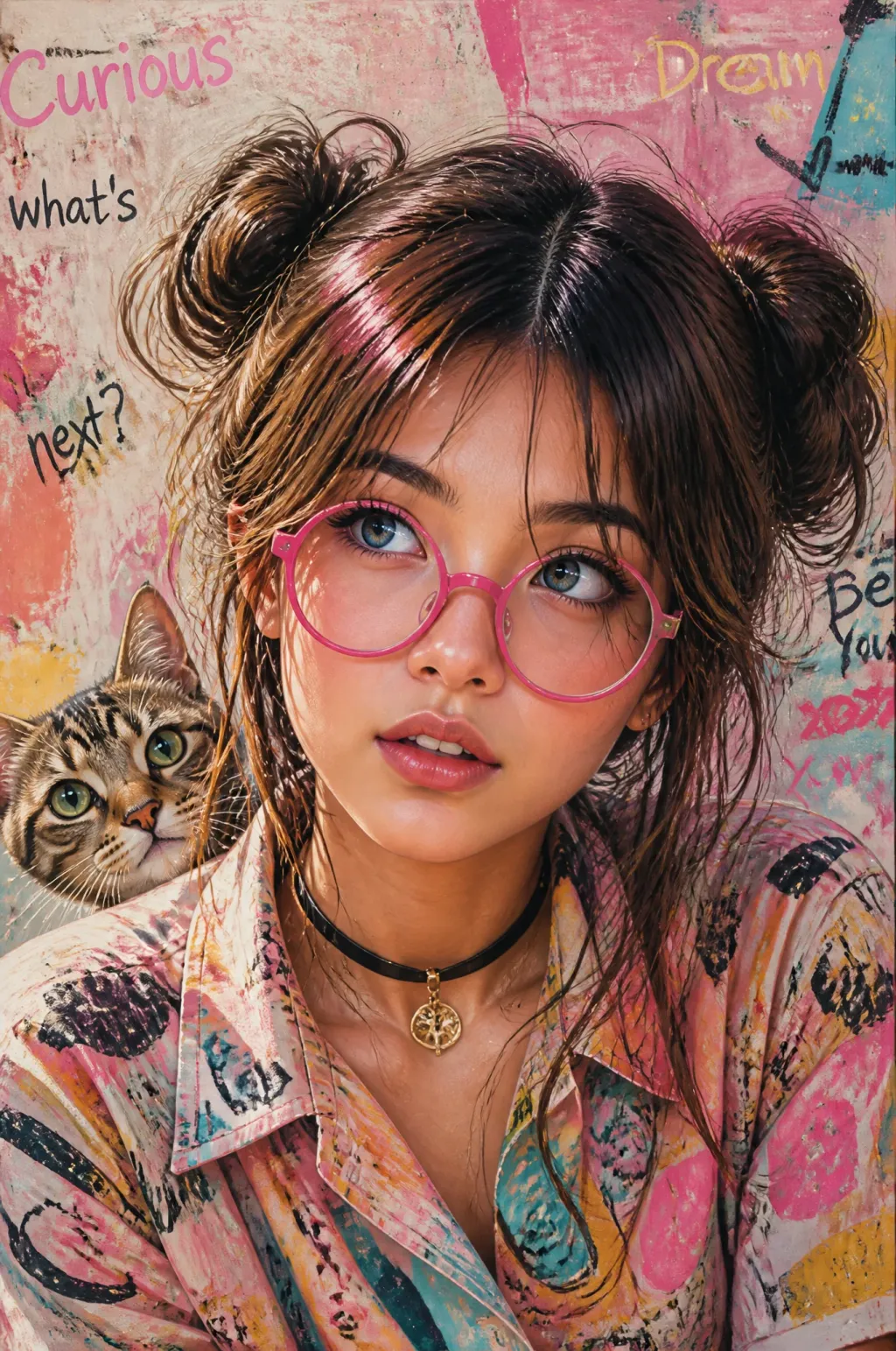 Quirky pop-art girl with pink glasses - Flowlio AI