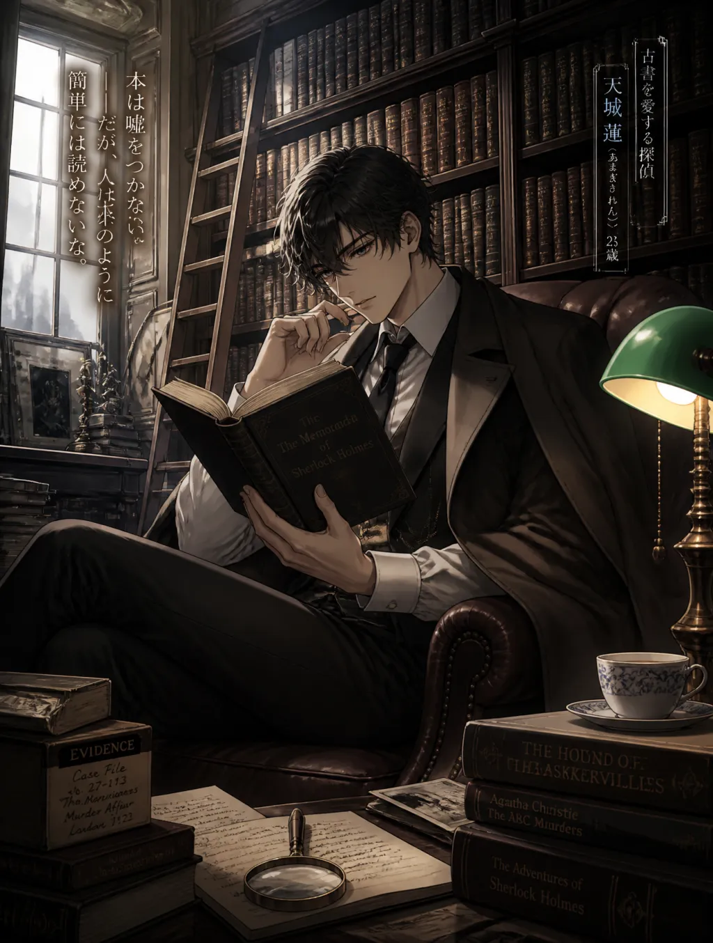 Detective light novel library illustration - Flowlio AI