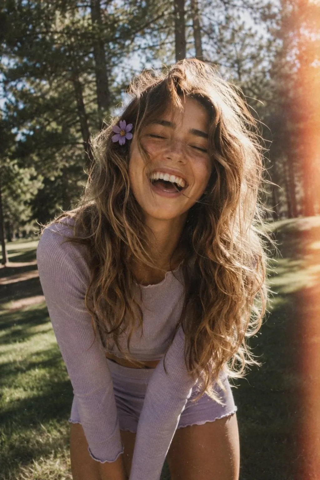 Film-style laughing portrait in a park - Flowlio AI