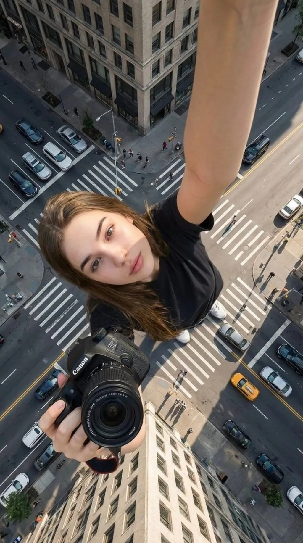 Forced-perspective giant selfie in a city - Flowlio AI