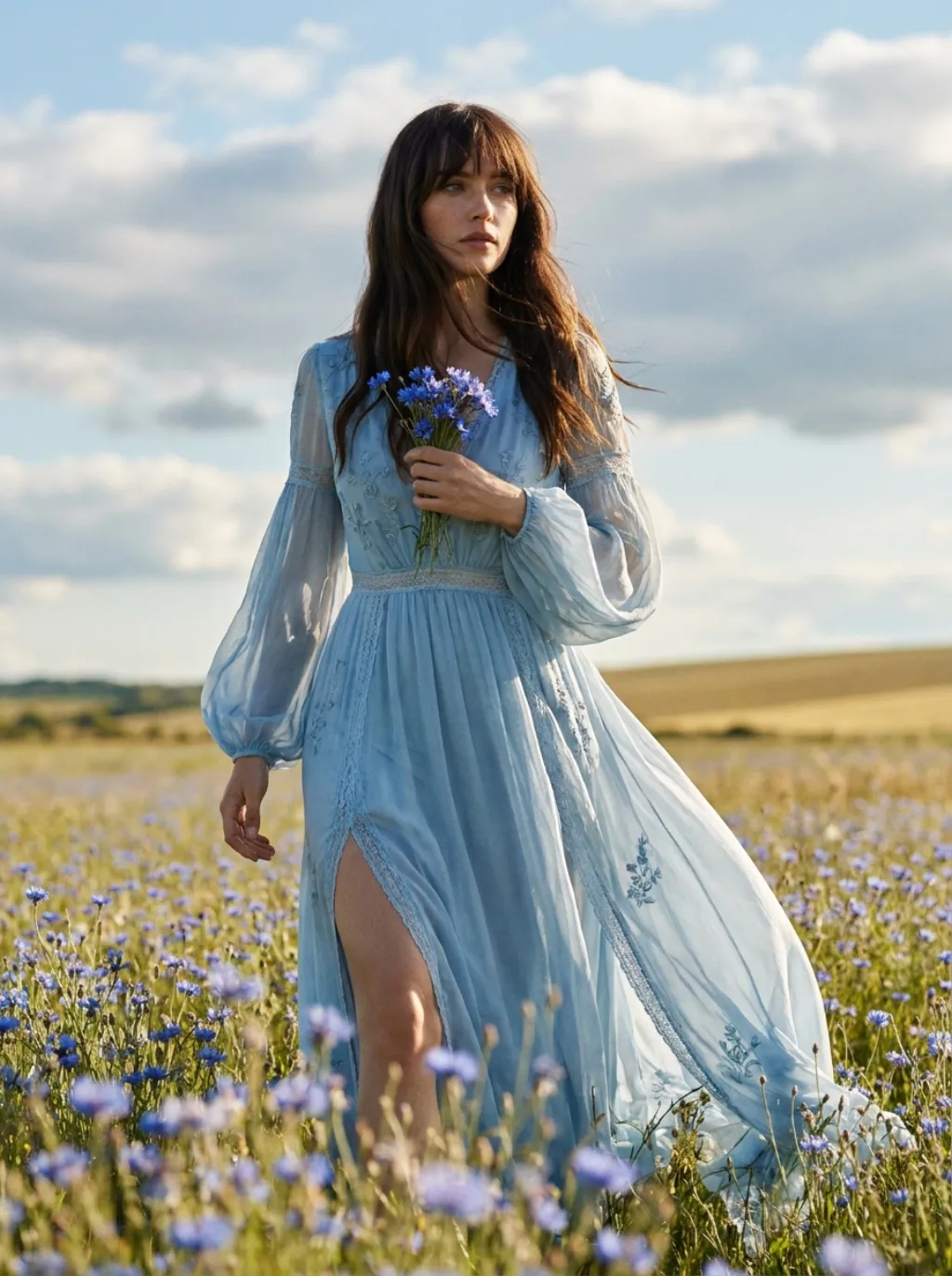 Woman in blue wildflower field - Flowlio AI