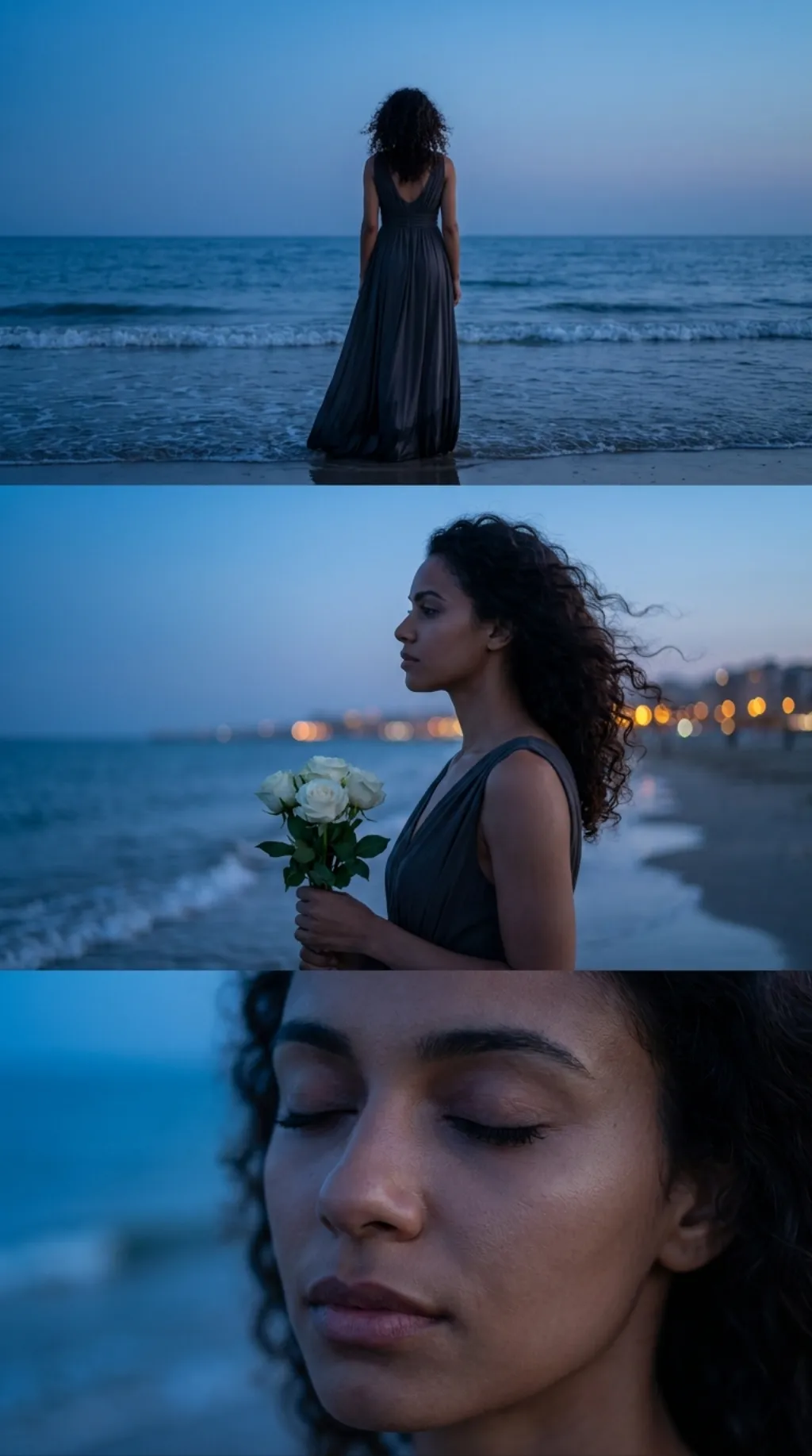 Melancholic blue-hour beach portrait - Flowlio AI